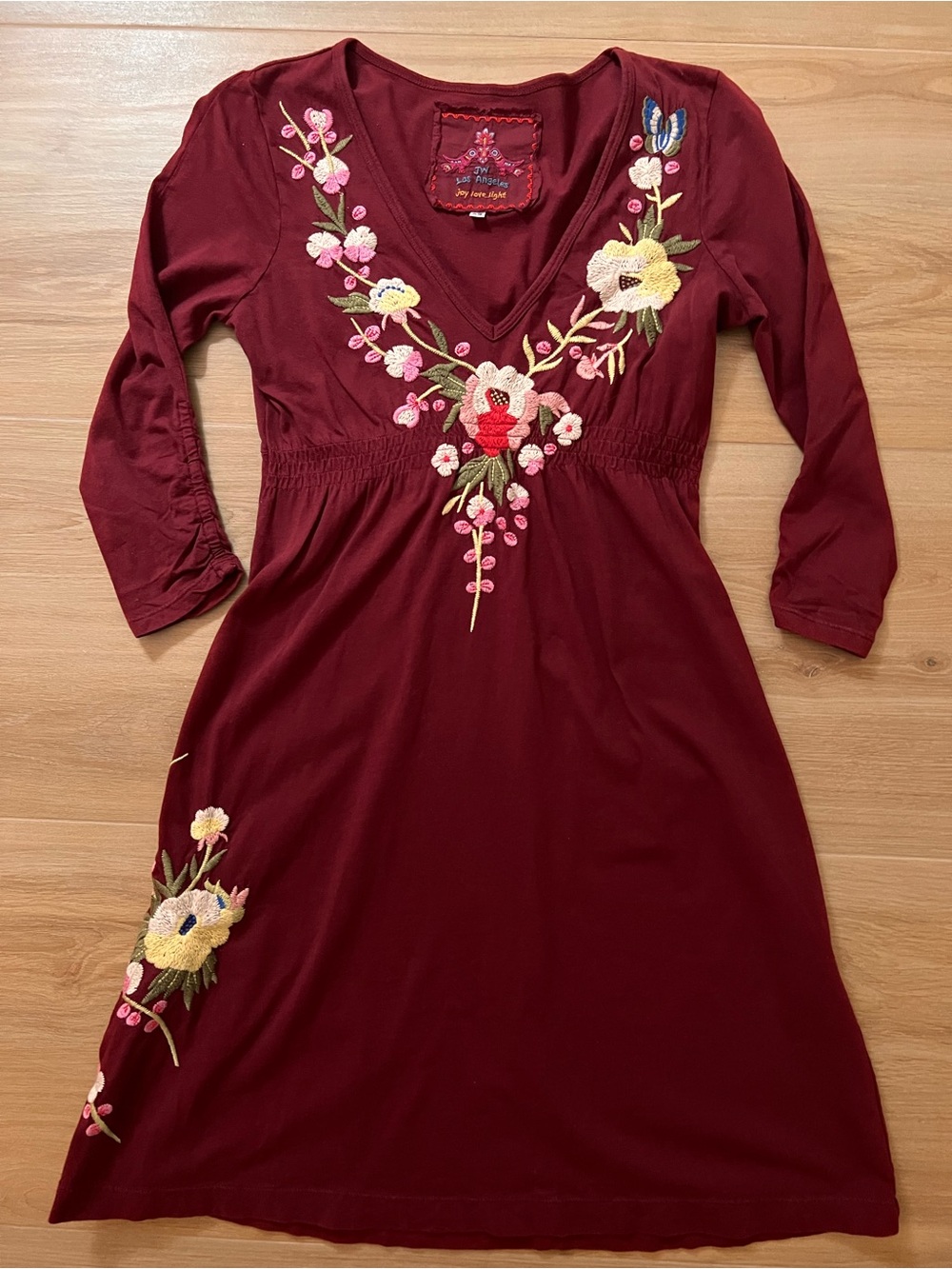 Johnny Was JW Los Angeles Embroidered Floral Cotton Dress Burgundy XS Boho